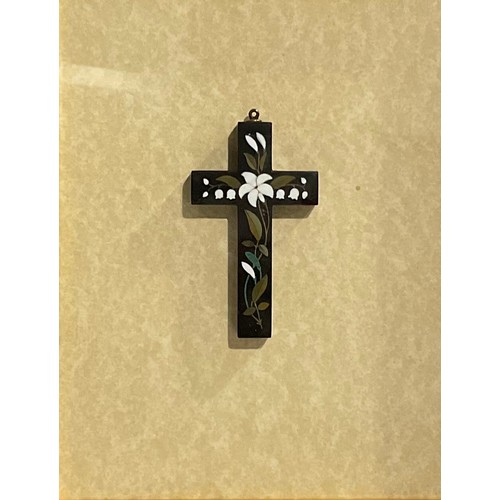 2448 - A Derbyshire Ashford Black Marble cross pendant, typically inlaid with flowers and leafy stems, 6.5c... 