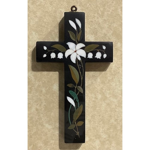 2448 - A Derbyshire Ashford Black Marble cross pendant, typically inlaid with flowers and leafy stems, 6.5c... 