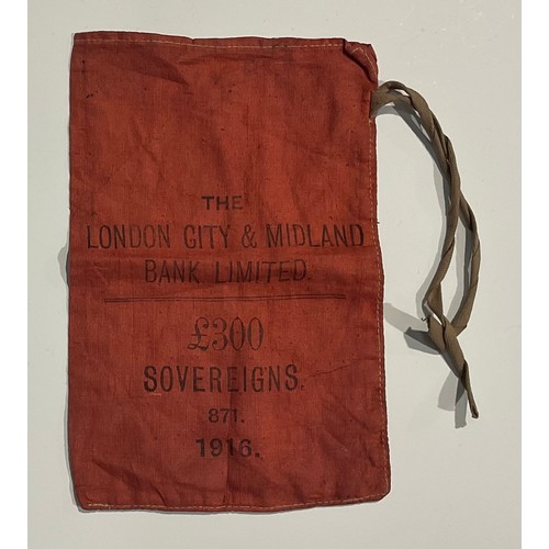 1924 - An early 20th century red canvas sovereign bag, with two tie strings, printed in black, The London C... 