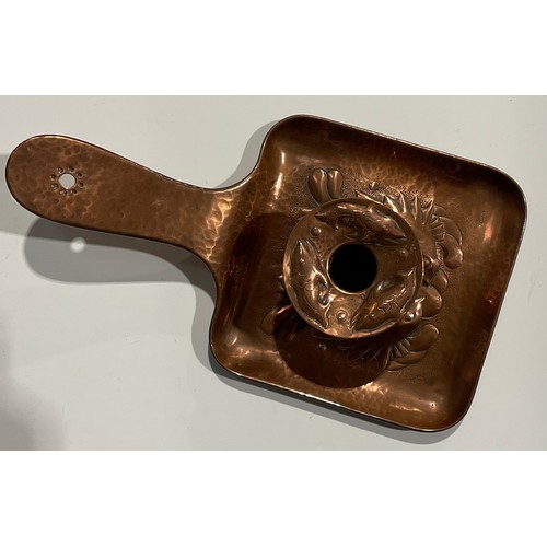 2348 - A Newlyn Arts & Crafts rounded rectangular pan shaped copper chamberstick, the drip pan and dish bas... 