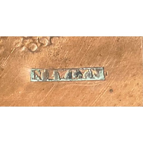 2348 - A Newlyn Arts & Crafts rounded rectangular pan shaped copper chamberstick, the drip pan and dish bas... 