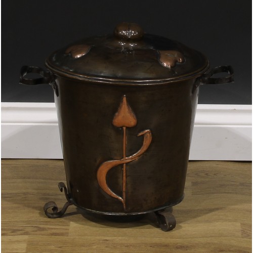 2350 - An Art Nouveau copper fuel bin, 36cm high, 42cm wide over handles, c.1905; a 19th century brass foot... 