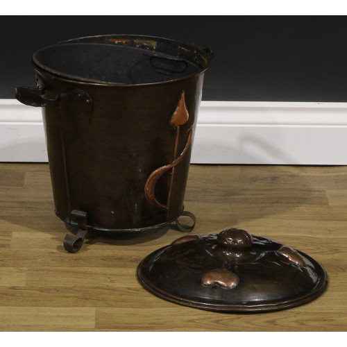 2350 - An Art Nouveau copper fuel bin, 36cm high, 42cm wide over handles, c.1905; a 19th century brass foot... 