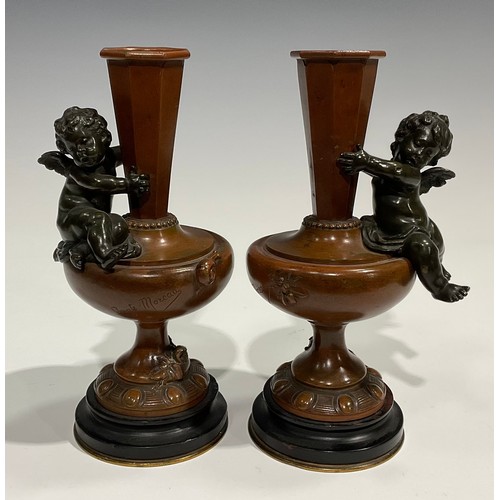 1770 - Auguste Moreau, after, a pair of bronze pedestal vases, each cast and applied with putti, the main b... 