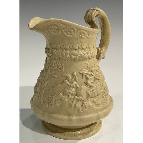 16 - A 19th century Charles Meigh style stoneware jug, relief moulded with Bacchus masks, acanthus and  f... 