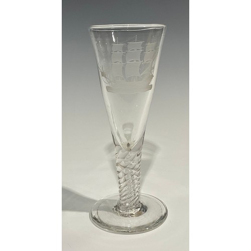 314 - A 19th century oversize wine glass, conical bowl etched with sailing ship, wrythen stem, circular fo... 