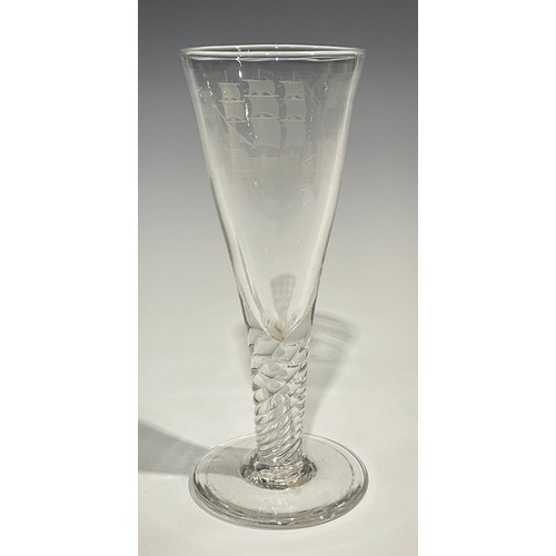 314 - A 19th century oversize wine glass, conical bowl etched with sailing ship, wrythen stem, circular fo... 