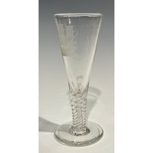 314 - A 19th century oversize wine glass, conical bowl etched with sailing ship, wrythen stem, circular fo... 