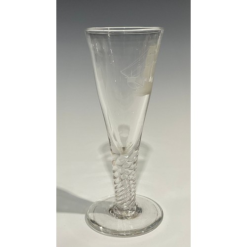 314 - A 19th century oversize wine glass, conical bowl etched with sailing ship, wrythen stem, circular fo... 