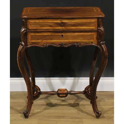 1962 - A Louis XV Revival kingwood banded rosewood work table, hinged top above a long apron drawer, French... 