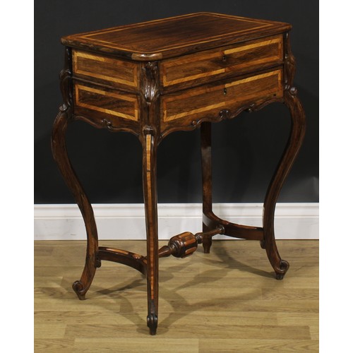 1962 - A Louis XV Revival kingwood banded rosewood work table, hinged top above a long apron drawer, French... 