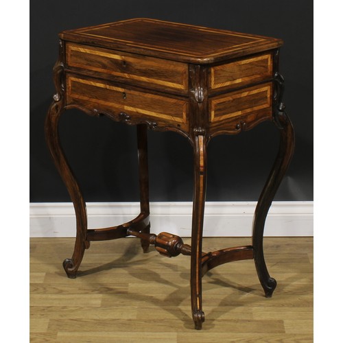 1962 - A Louis XV Revival kingwood banded rosewood work table, hinged top above a long apron drawer, French... 