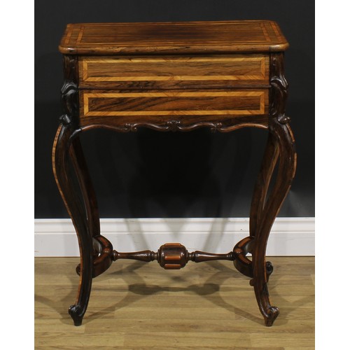 1962 - A Louis XV Revival kingwood banded rosewood work table, hinged top above a long apron drawer, French... 