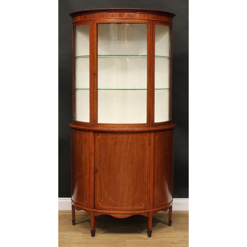 1889 - An Edwardian satinwood crossbanded mahogany demilune display cabinet, moulded cornice above a glazed... 