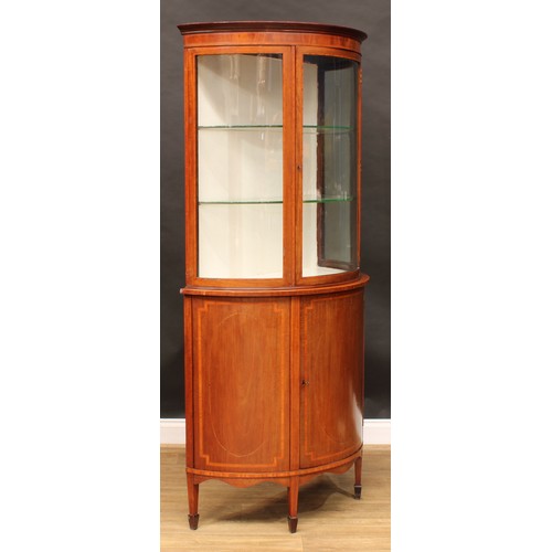 1889 - An Edwardian satinwood crossbanded mahogany demilune display cabinet, moulded cornice above a glazed... 