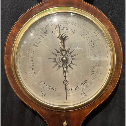 2076 - A 19th century mahogany wheel barometer, 20cm silvered register, hygrometer, mercury thermometer, co... 