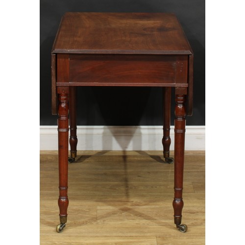 2360 - A Regency mahogany Pembroke table, rounded rectangular top with reeded edge and fall leaves above a ... 