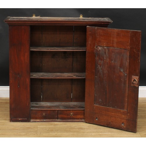 1745 - A George III mahogany wall-hanging provision cupboard, moulded cornice above a rectangular door with... 