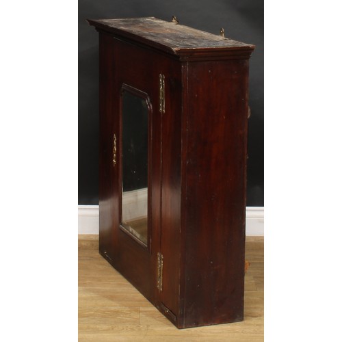 1745 - A George III mahogany wall-hanging provision cupboard, moulded cornice above a rectangular door with... 