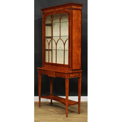 2254 - A Sheraton Revival mahogany crossbanded satinwood and marquetry display cabinet on stand, moulded co... 