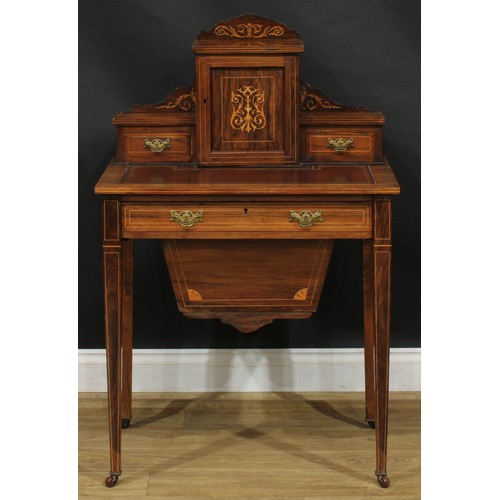 1884 - An Edwardian rosewood and marquetry combination bonheur du jour and work table, of small and neat pr... 