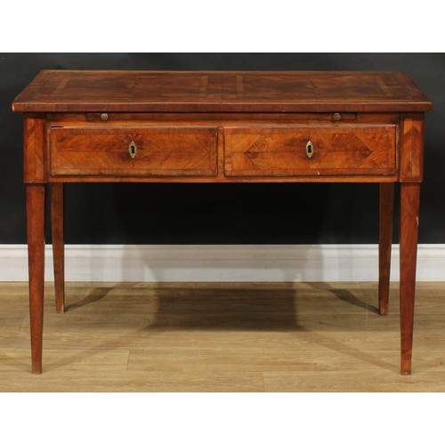 1994 - An 18th century French Provincial side table, rectangular top with geometric parquetry veneers, abov... 