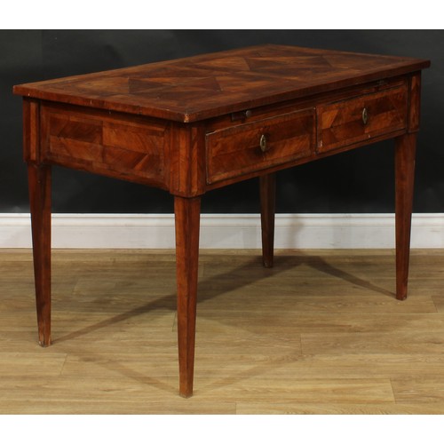 1994 - An 18th century French Provincial side table, rectangular top with geometric parquetry veneers, abov... 