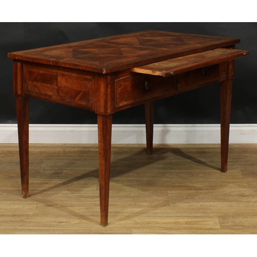 1994 - An 18th century French Provincial side table, rectangular top with geometric parquetry veneers, abov... 