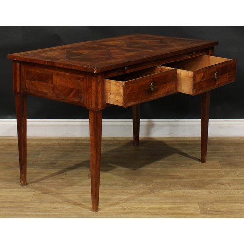 1994 - An 18th century French Provincial side table, rectangular top with geometric parquetry veneers, abov... 