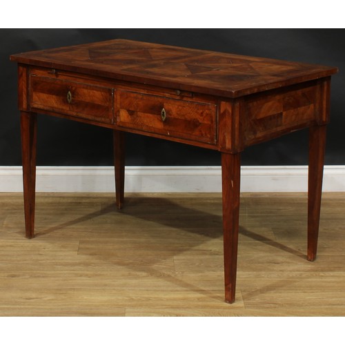 1994 - An 18th century French Provincial side table, rectangular top with geometric parquetry veneers, abov... 