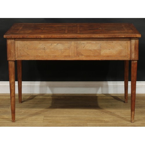 1994 - An 18th century French Provincial side table, rectangular top with geometric parquetry veneers, abov... 