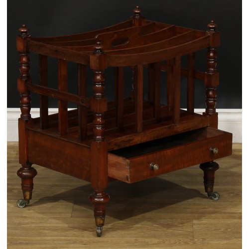 1629 - A 19th century mahogany four-section Canterbury, turned and blocked supports, drawer to base, turned... 