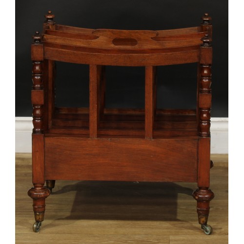 1629 - A 19th century mahogany four-section Canterbury, turned and blocked supports, drawer to base, turned... 