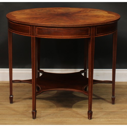 2696 - An Edwardian mahogany centre table, circular top with radiating flame veneers and parquetry edge abo... 