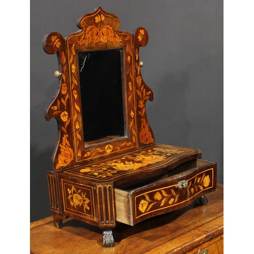 1586 - A 19th century Dutch marquetry dressing mirror, serpentine-front base with a long drawer, paw forefe... 