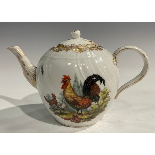 286 - A Berlin spirally fluted bullet shaped teapot and cover, painted with vignettes of farm yard birds, ... 