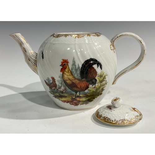 286 - A Berlin spirally fluted bullet shaped teapot and cover, painted with vignettes of farm yard birds, ... 