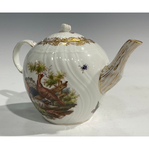 286 - A Berlin spirally fluted bullet shaped teapot and cover, painted with vignettes of farm yard birds, ... 