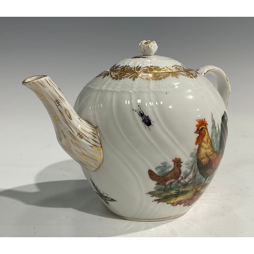 286 - A Berlin spirally fluted bullet shaped teapot and cover, painted with vignettes of farm yard birds, ... 