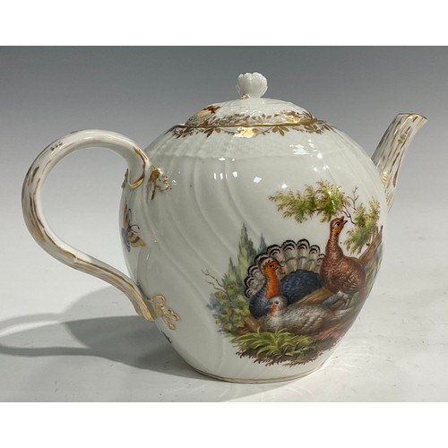 286 - A Berlin spirally fluted bullet shaped teapot and cover, painted with vignettes of farm yard birds, ... 