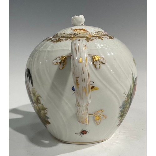 286 - A Berlin spirally fluted bullet shaped teapot and cover, painted with vignettes of farm yard birds, ... 