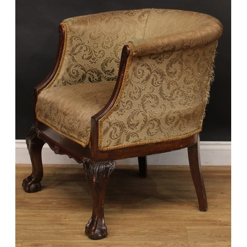 2108 - A George II style club elbow chair, stuffed-over upholstery, shaped apron, cabriole forelegs carved ... 