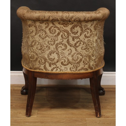 2108 - A George II style club elbow chair, stuffed-over upholstery, shaped apron, cabriole forelegs carved ... 