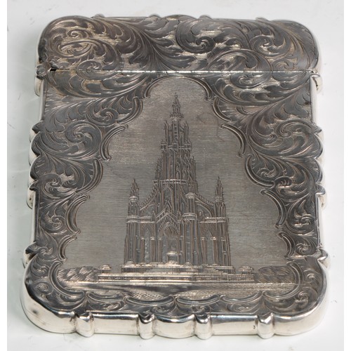 1104 - A Victorian silver shaped rectangular castle top visiting card case, engraved with a view of the Sco... 