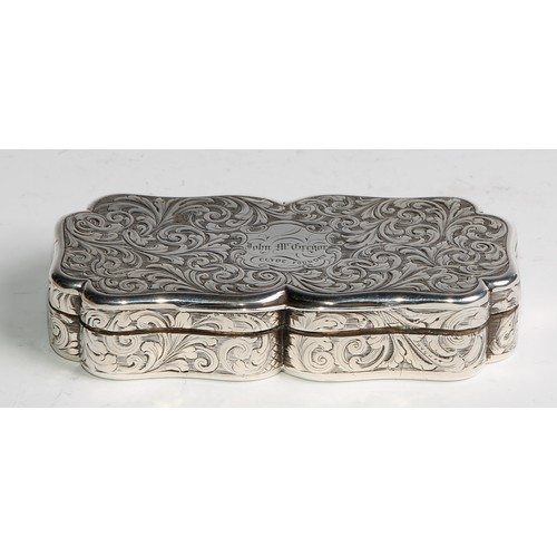 1154 - An early Victorian silver shaped rectangular snuff box, engraved with scrolling acanthus, hinged cov... 