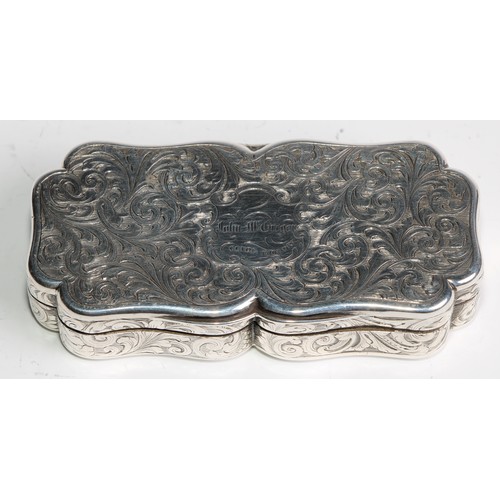 1154 - An early Victorian silver shaped rectangular snuff box, engraved with scrolling acanthus, hinged cov... 