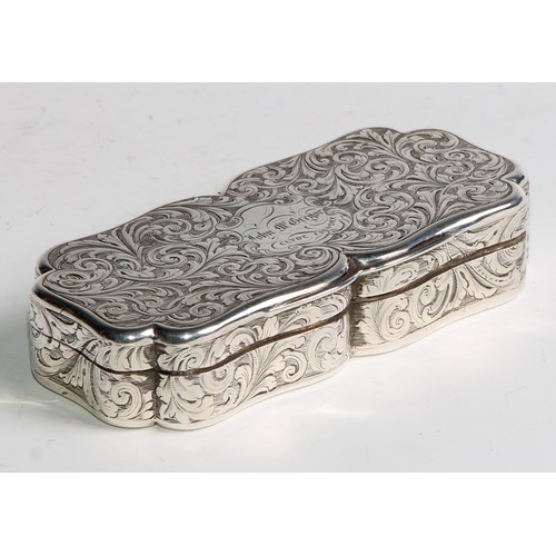 1154 - An early Victorian silver shaped rectangular snuff box, engraved with scrolling acanthus, hinged cov... 