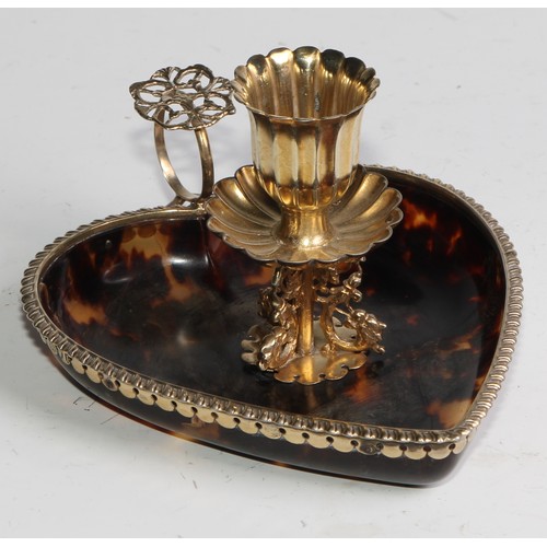 1112 - A Victorian silver-gilt mounted tortoiseshell heart shaped chamberstick, 10cm wide, William Comyns, ... 