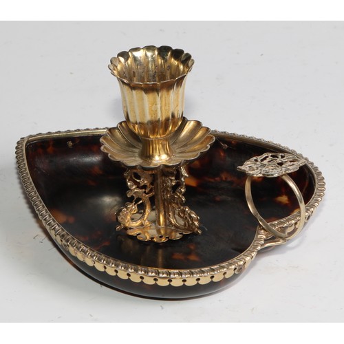 1112 - A Victorian silver-gilt mounted tortoiseshell heart shaped chamberstick, 10cm wide, William Comyns, ... 