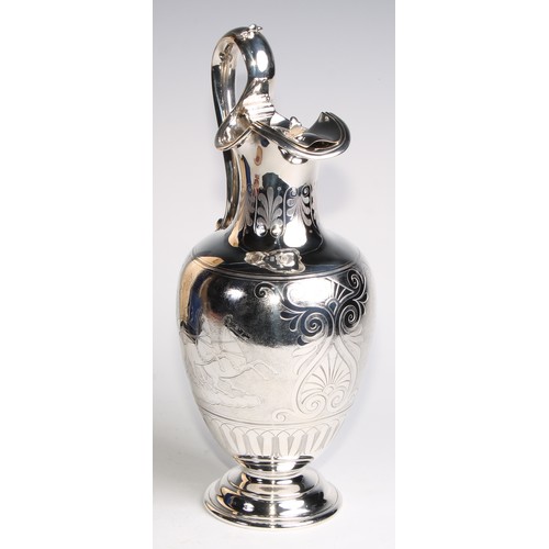 1080 - A Victorian Grecian Revival silver wine ewer or claret jug, engraved after the Antique with chariots... 